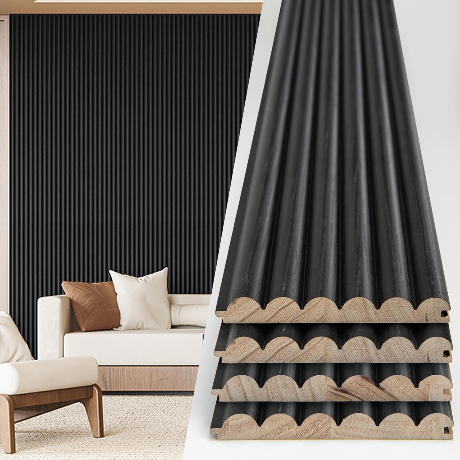 Art3d Fluted Wood Panel - 108 x 5.7 x 0.7in for Wall & Ceiling, Beaded Accent Molding for Home Decoration, Pack of 4pcs + 1pc End-Trim, Beaded Black