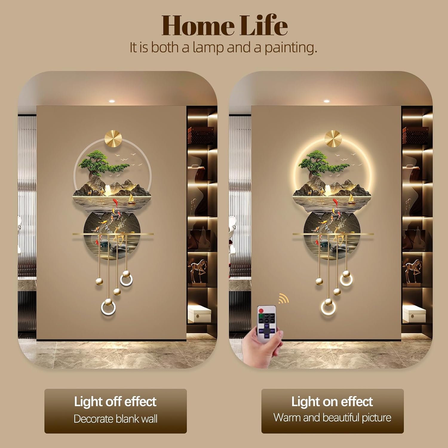 LED Light Decor Wall Art, 3D Art Wall Decor with Light, Decors Walls Sculptures Large 3D Art, Decors Walls Sculptures Lighting Modern, Plug-in Power Supply, Gold C, 19x47IN