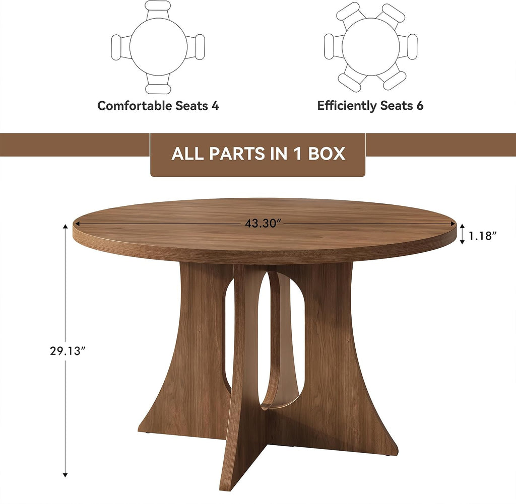 Round Dining Table for 4-6 People, 43.3 Inch Circle Kitchen Table with Sturdy Legs & Adjustable Foot Pads, Modern Farmhouse Dinner Table for Dining Room and Apartment, Walnut