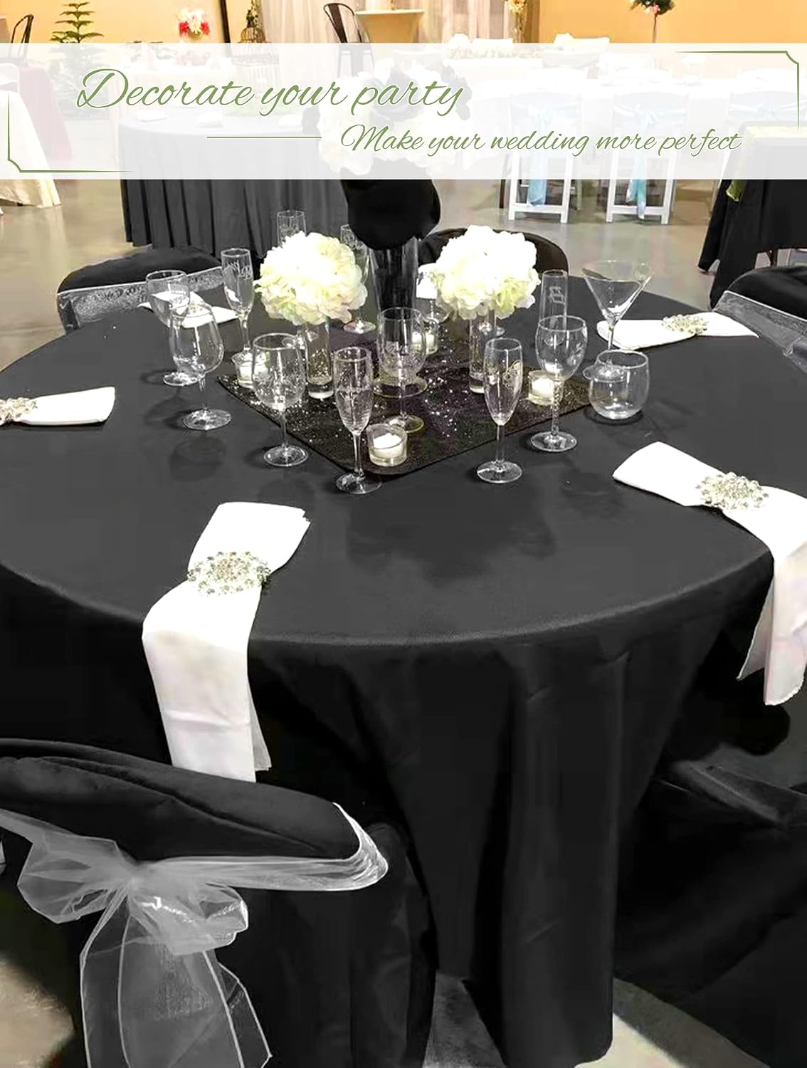 12 Pack Round Tablecloth 108 Inch - Black Polyester Tablecloth for Round Table, Premium Stain and Wrinkle Resistant Washable Fabric Table Cover for Wedding Party Banquet Restaurant Reception