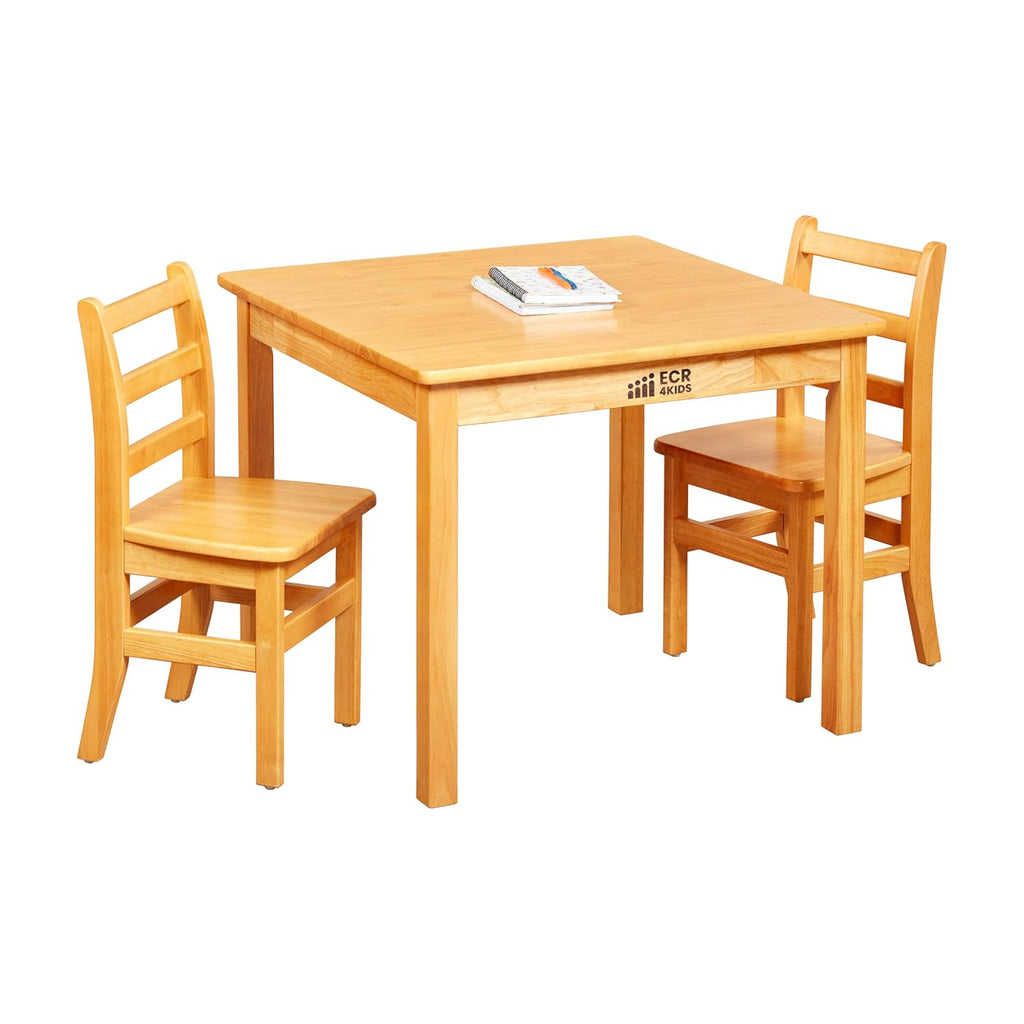 ECR4Kids 30in D Square Hardwood Table with 24in Legs and Two 14in Chairs, Kids Furniture, Honey, 3-Piece