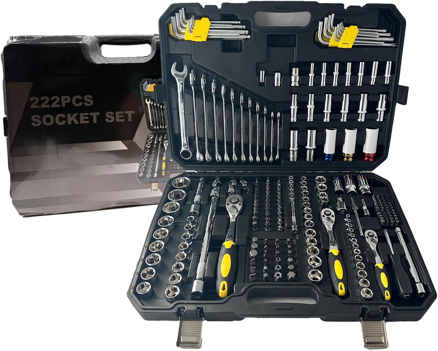 Allen Socket Set and Torx Bit Set, Ratchet Hex Socket Set 3/8', 1/4' and 1/2' Drive Ratchet Set, SAE/Metric Socket Set, S2 Alloy Steel Bits, 222-PCS Automotive Tool Set