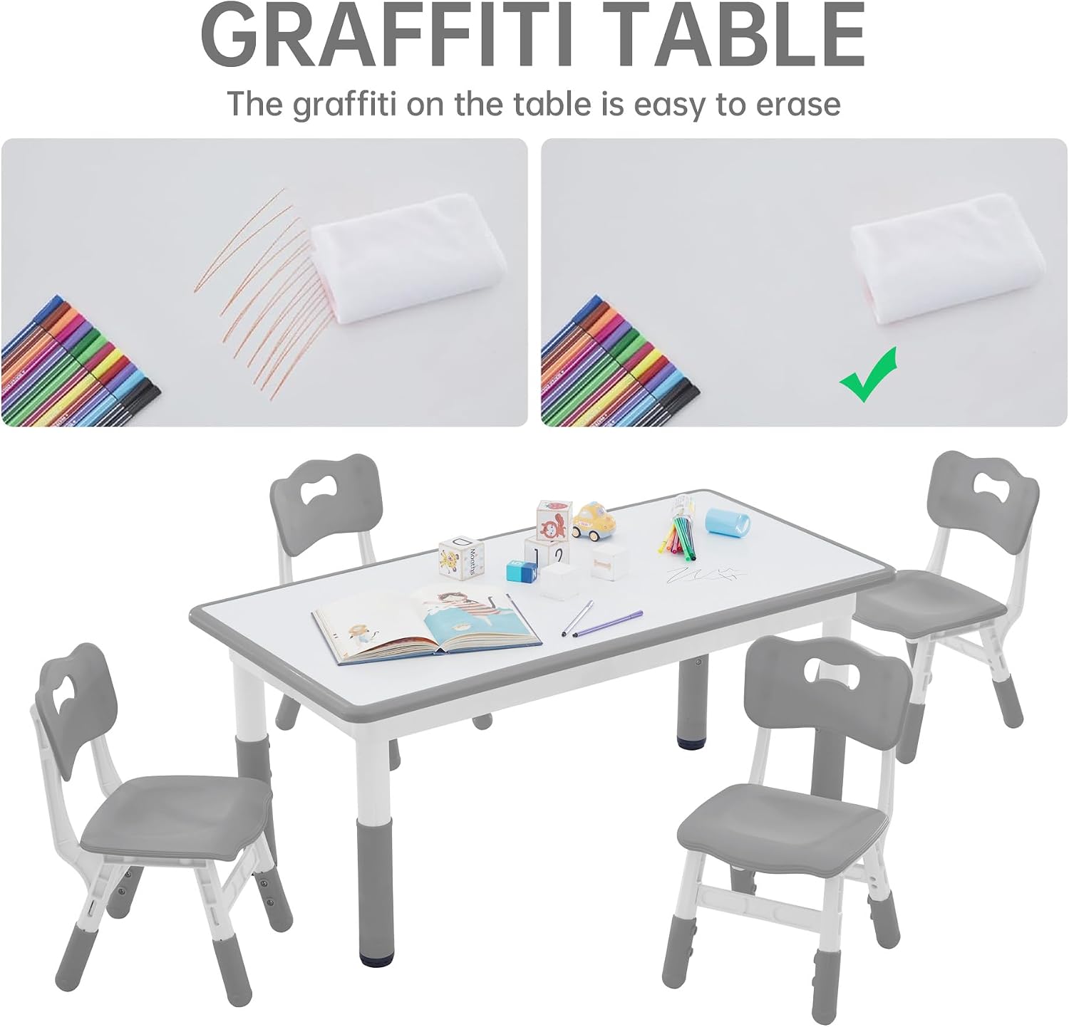 GITAWUSA Kids Study Table and Chairs Set, Height Adjustable Toddler Table and Chair Set for Kids Ages 3-8, Graffiti Desktop (Grey)