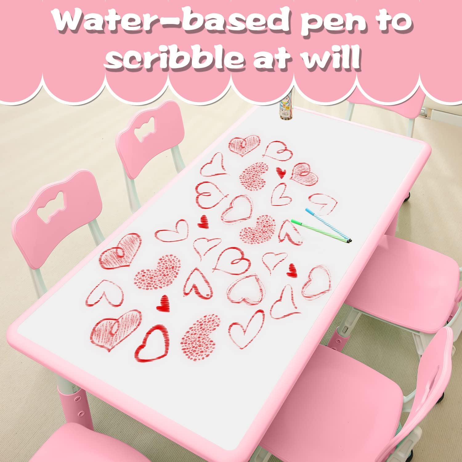 monleelnom Children's Table and Chair Set Suitable for Boys and Girls Age 2-12 Height Adjustable Table top Can be Painted with 6 Seats Suitable for Family Learning Daily use (Pink)