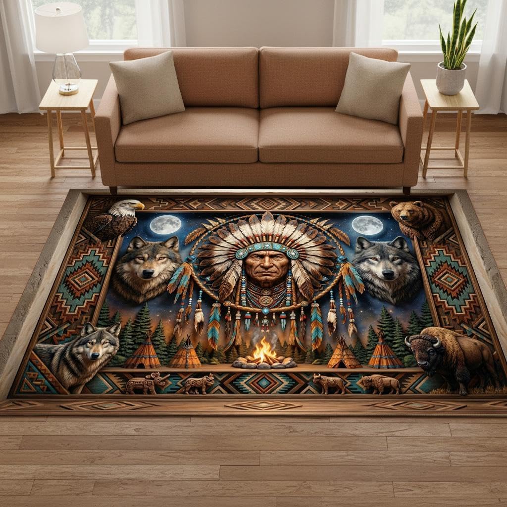 Southwestern Tribal Area Rug Wolf Eagle Bear Buffalo Western Wildlife Carpet, Rustic Lodge Cabin Decor, Non Slip Washable Low Pile Rug for Living Room Bedroom, 5'x8'
