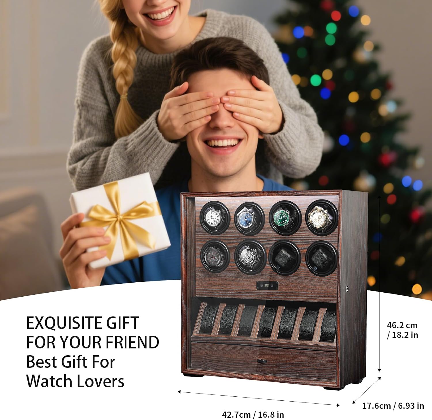 Watch Winder for 4/8 Automatic Watches, Watch Rotator for Rolex 15 Rotation Modes Box with LED Light, Watches Winder Case with Extra Watches Holders and Jewelry Storage Present for Men Quiet Mabuchi Motor