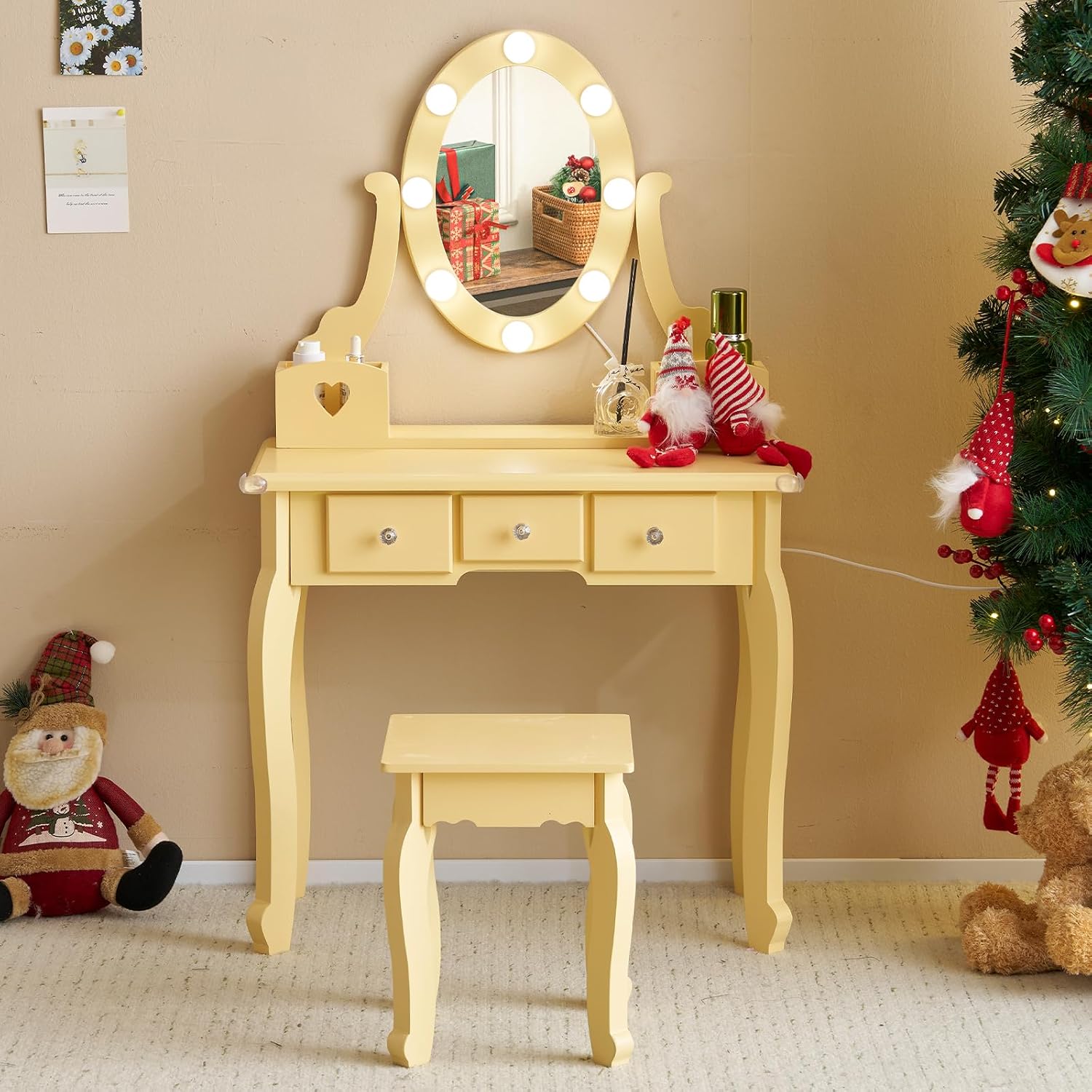 Karl home Kids Vanity Table and Chair Set, Princess MDF Dressing Table with 3-Color LED Lighted Mirror and 3 Drawers, Lovely Waved Design for Toddler's Bedroom and Playroom Decor, Macaroon Orange
