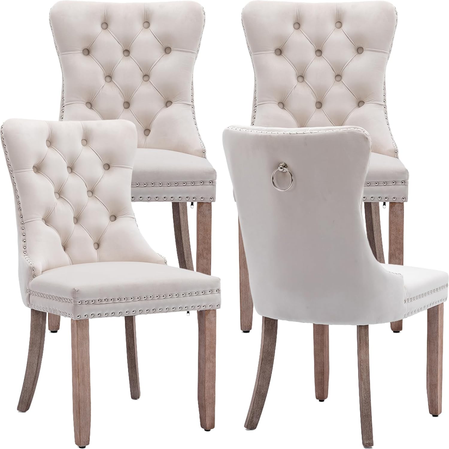 ODUSE-DAILY Beige Velvet Dining Chairs Set of 4, Kitchen & Dining Room Chairs, Fabric Tufted Dinning, Velvet Upholstered, High Wing Back, Pull Ring, Wood Frame, Mid Century Modern, Sillas de Comedor