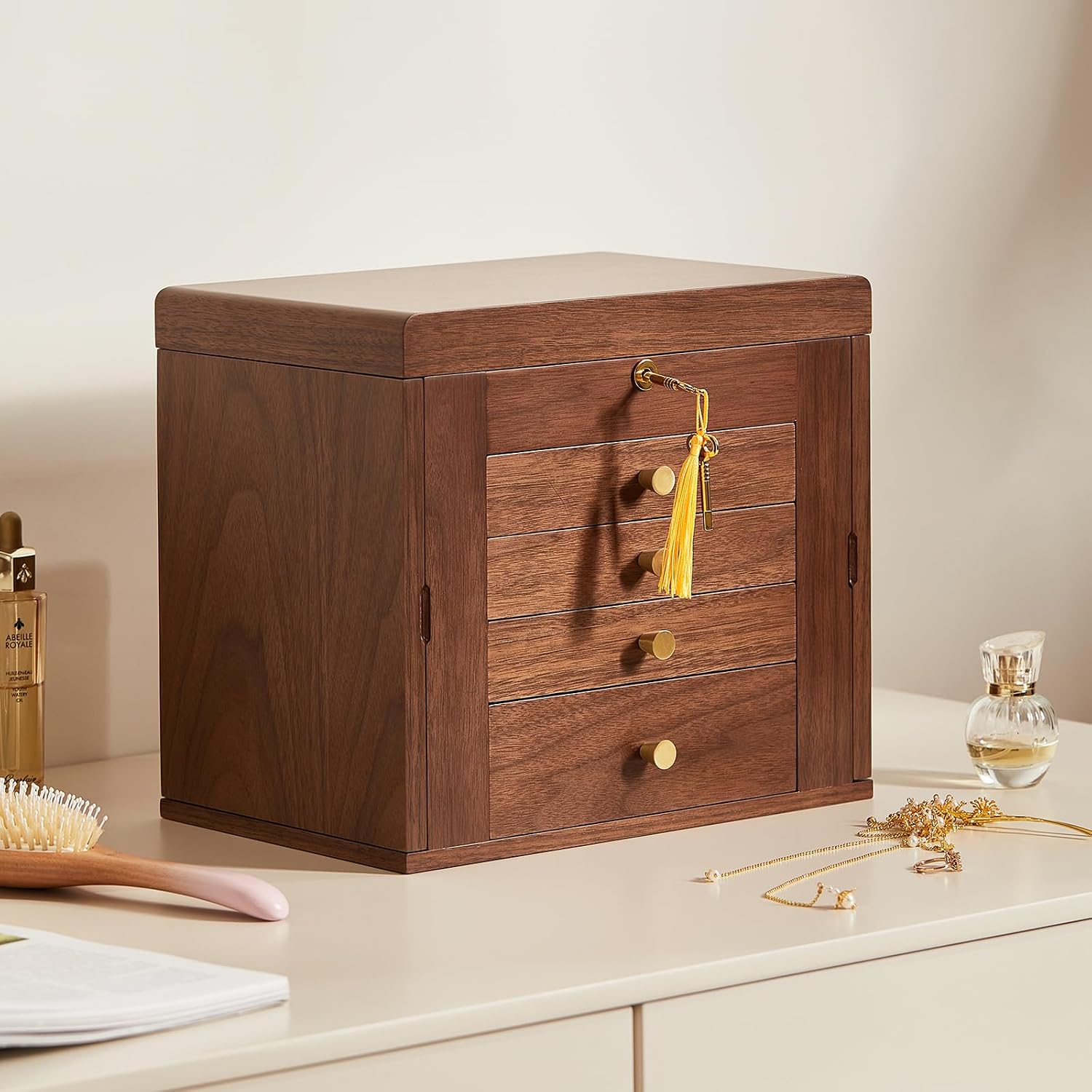 Black Walnut Wooden Jewelry Box, Wood Jewelry Organizer with 2 Side Doors Mirror Lockable Classical Style for Watch Necklace Ring Earring Storage Mothers Day Gifts for Mom-5 Layer