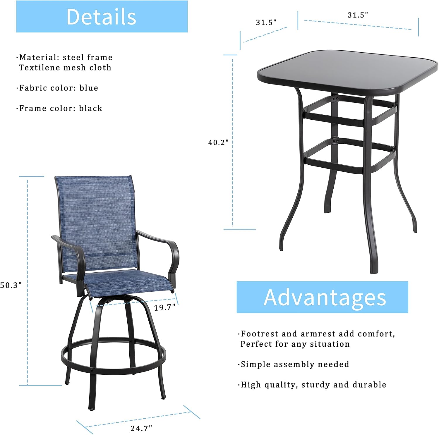 Shintenchi 3 Piece Patio Swivel Bar Stools Set, Outdoor Patio Bar Table and Chairs Set, All Weather Bar Height Chairs Set of 2, High Top Bistro Set Furniture for Balcony, Backyard, Garden, Deep Blue