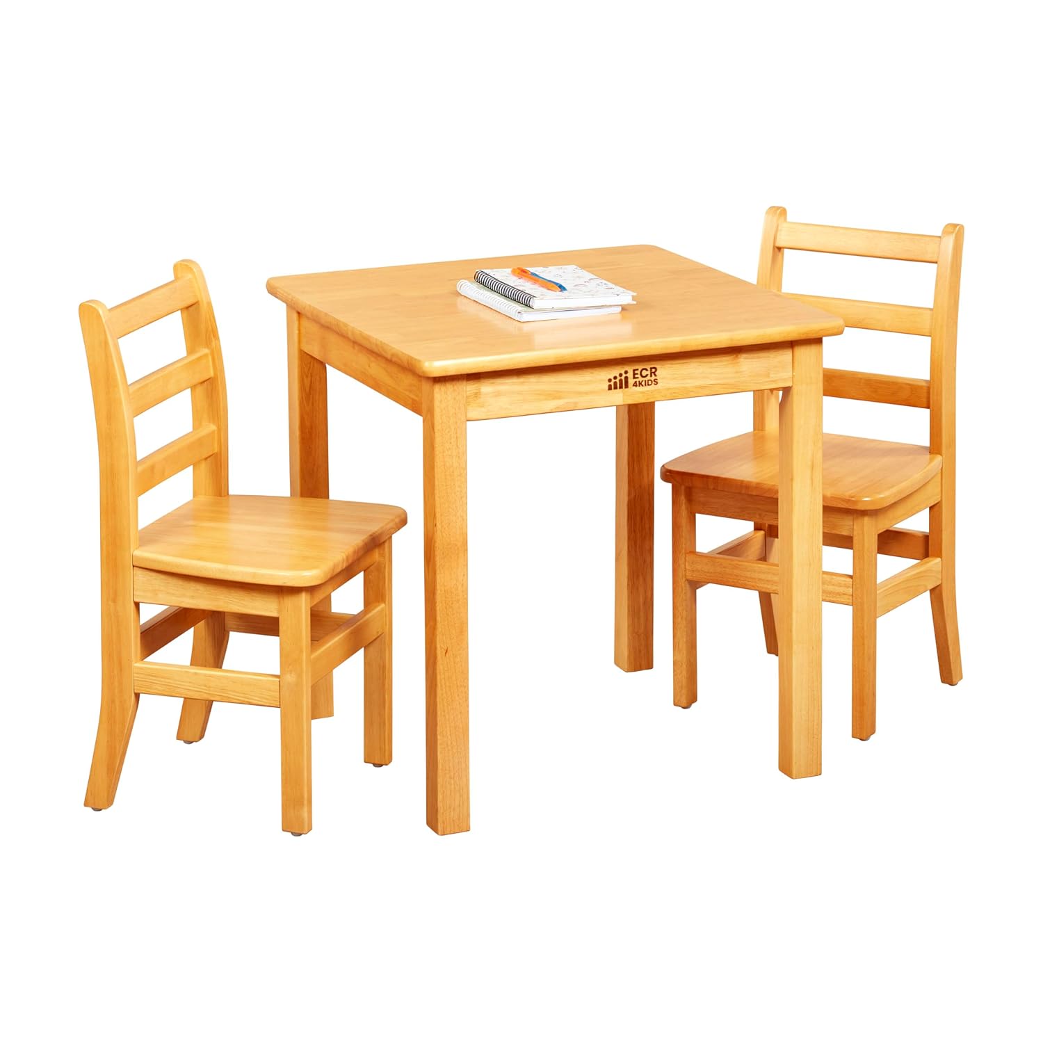 ECR4Kids 24in x 24in Square Hardwood Table with 24in Legs and Two 14in Chairs, Kids Furniture, Honey, 3-Piece