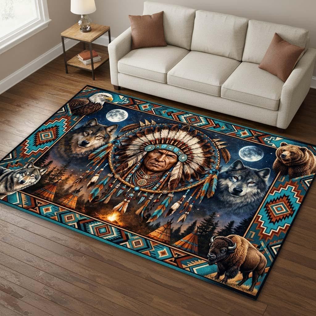 Southwestern Tribal Area Rug 5'x8' Native American Wolf Eagle Bear Buffalo Western Wildlife Carpet, Rustic Lodge Cabin Decor, Non Slip Washable Low Pile Rug for Living Room Bedroom