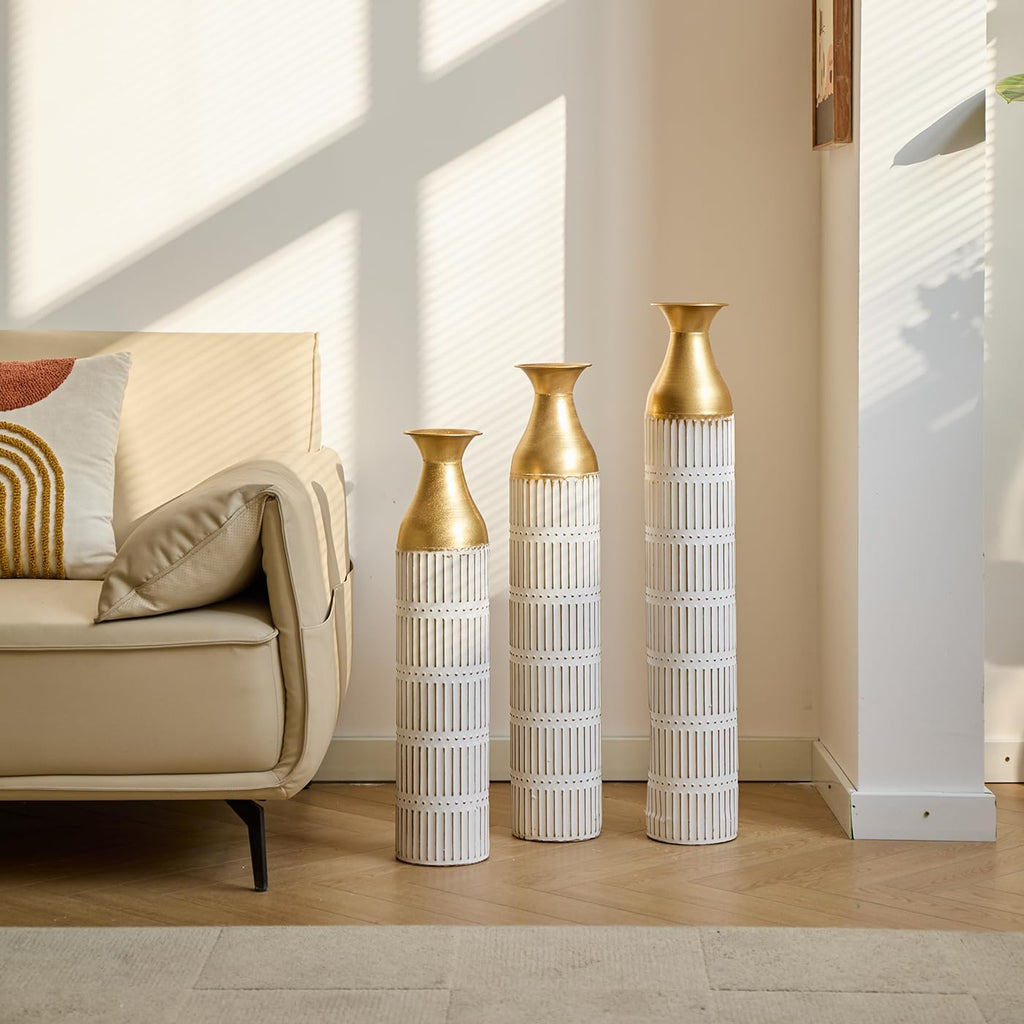 Floor Metal Decorated Vases Set of 3 for Gorgeous Home Decoration Large Glazed Metal Vases (Retro White)