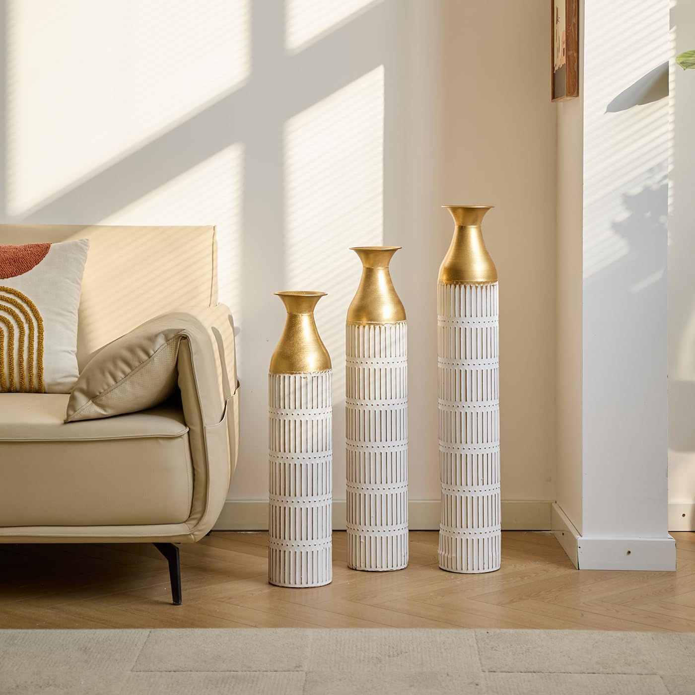 Floor Metal Decorated Vases Set of 3 for Gorgeous Home Decoration Large Glazed Metal Vases (Retro White)