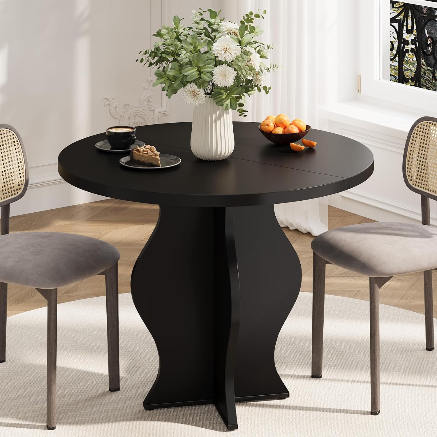 31.5 Inch Small Round Dining Table for 2, Modern Farmhouse Wood Kitchen Table, Rustic Black Circle Dining Room Table with Pedestal Base for Kitchen and Dining Room Furniture
