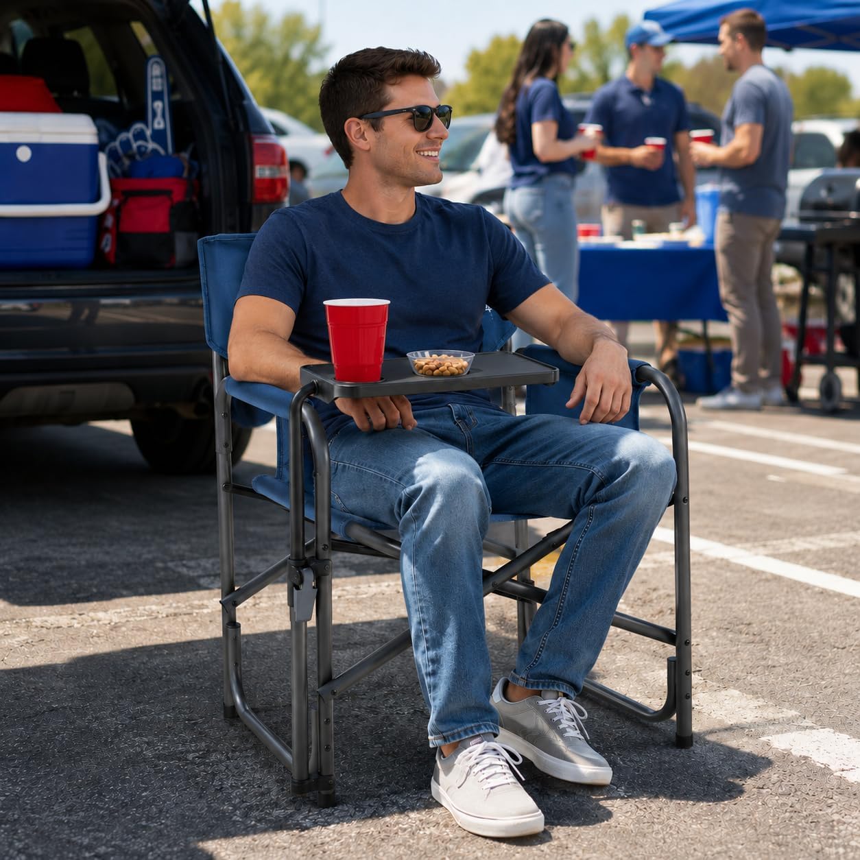 Portal Folding Director Chair with 2-Way Rotating Side Table, Heavy Duty 300 lb Camping Chair with Swivel Tray & Cup Holder, Ergonomic Mesh Back Portable Outdoor Seat for RV, Tailgating & Lawn, Blue