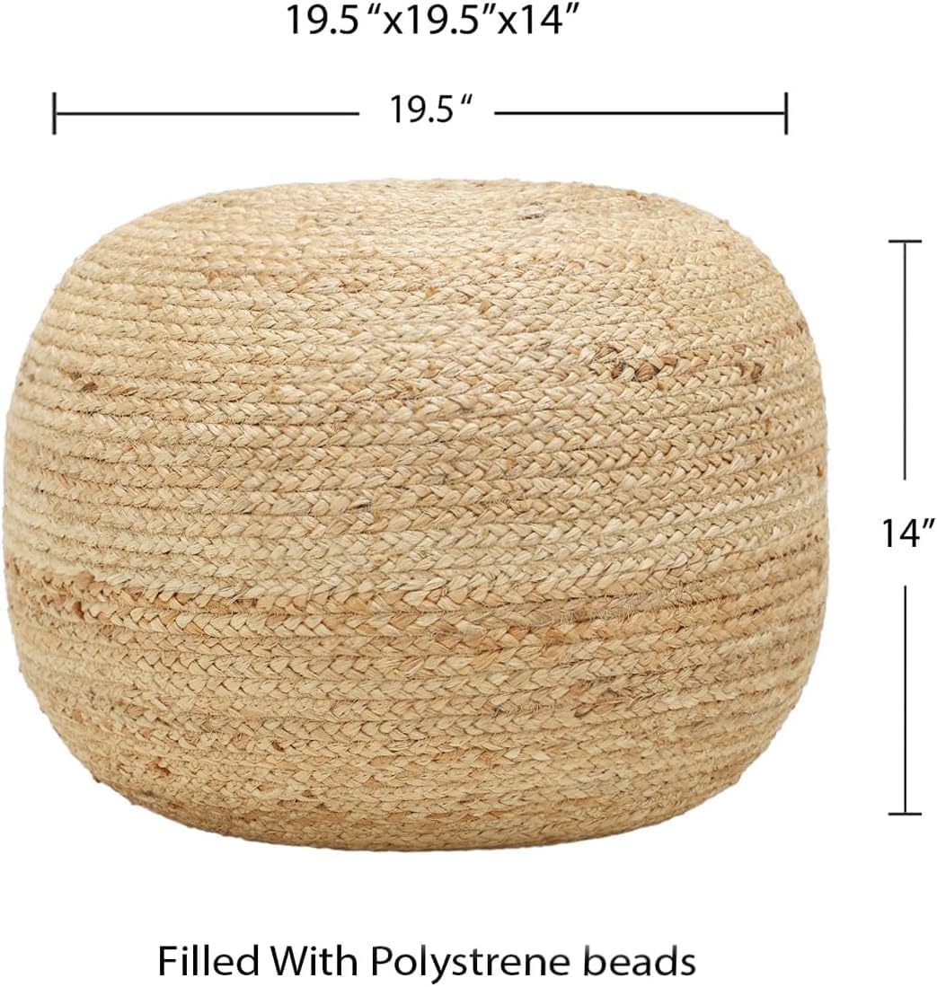 · REDEARTH · Jute Circular Pouf Ottoman - Braided Pouffe Accent Sitting Round Footrest for Living Room, Bedroom, Nursery, kidsroom, Patio, Gym; 100% Jute Set of 2 (19.5'X19.5'X14'; Jute Natural)