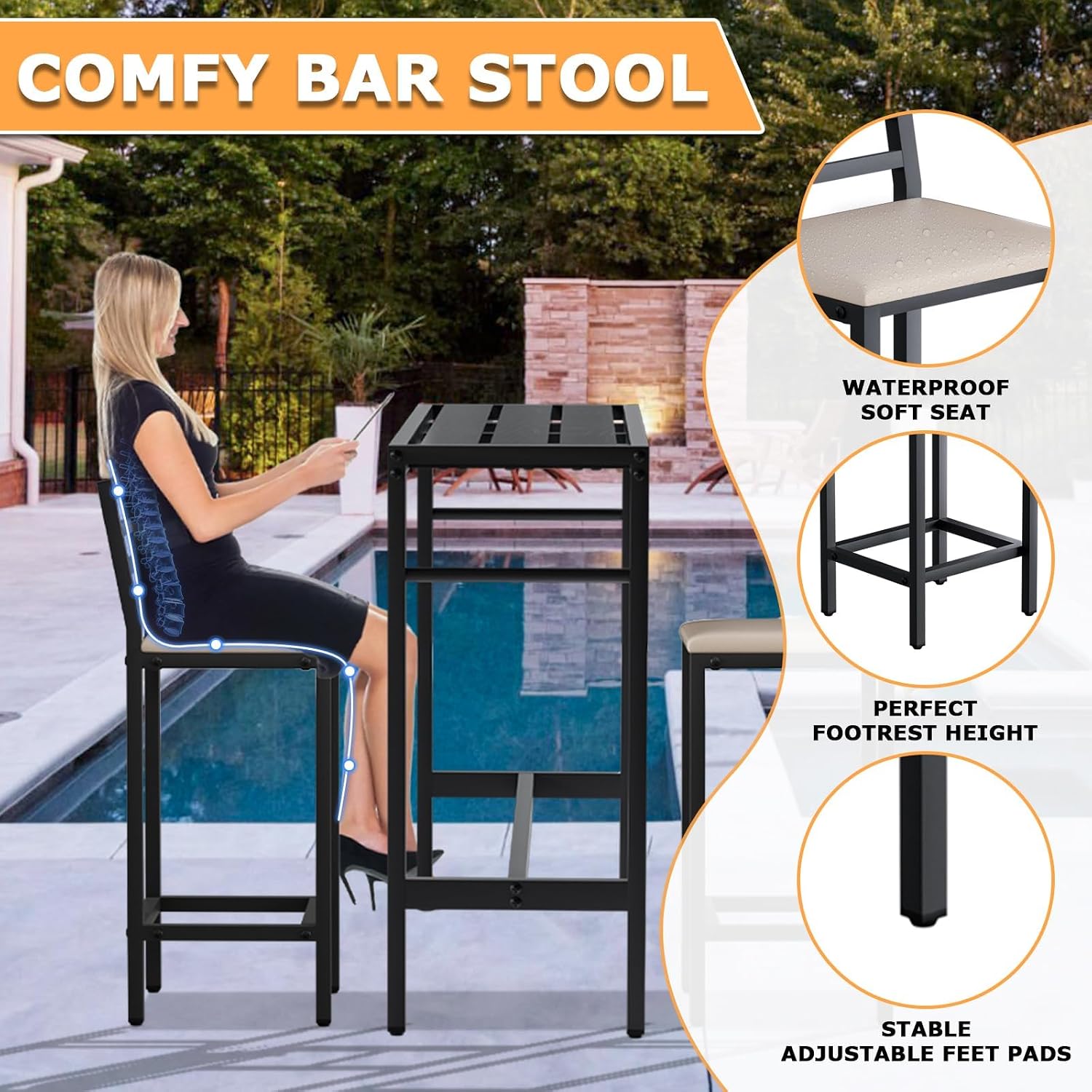 Outdoor Patio Bar Set 3 Piece,50' Rectangular Counter Height High Top Bar Tables, 2 Cushioned 41' Bar Stools, Metal Bar Table and Chairs Set for Poolside, Balcony, Backyard, Porch
