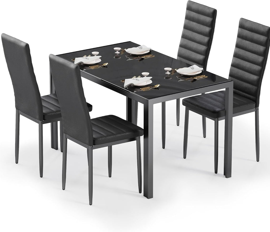 Bealife Kitchen Dining Table Set for 4, Tempered Glass 5 Piece Table and Chairs Set Modern for Home, Kitchen, Living Room, Dining Room (Black)