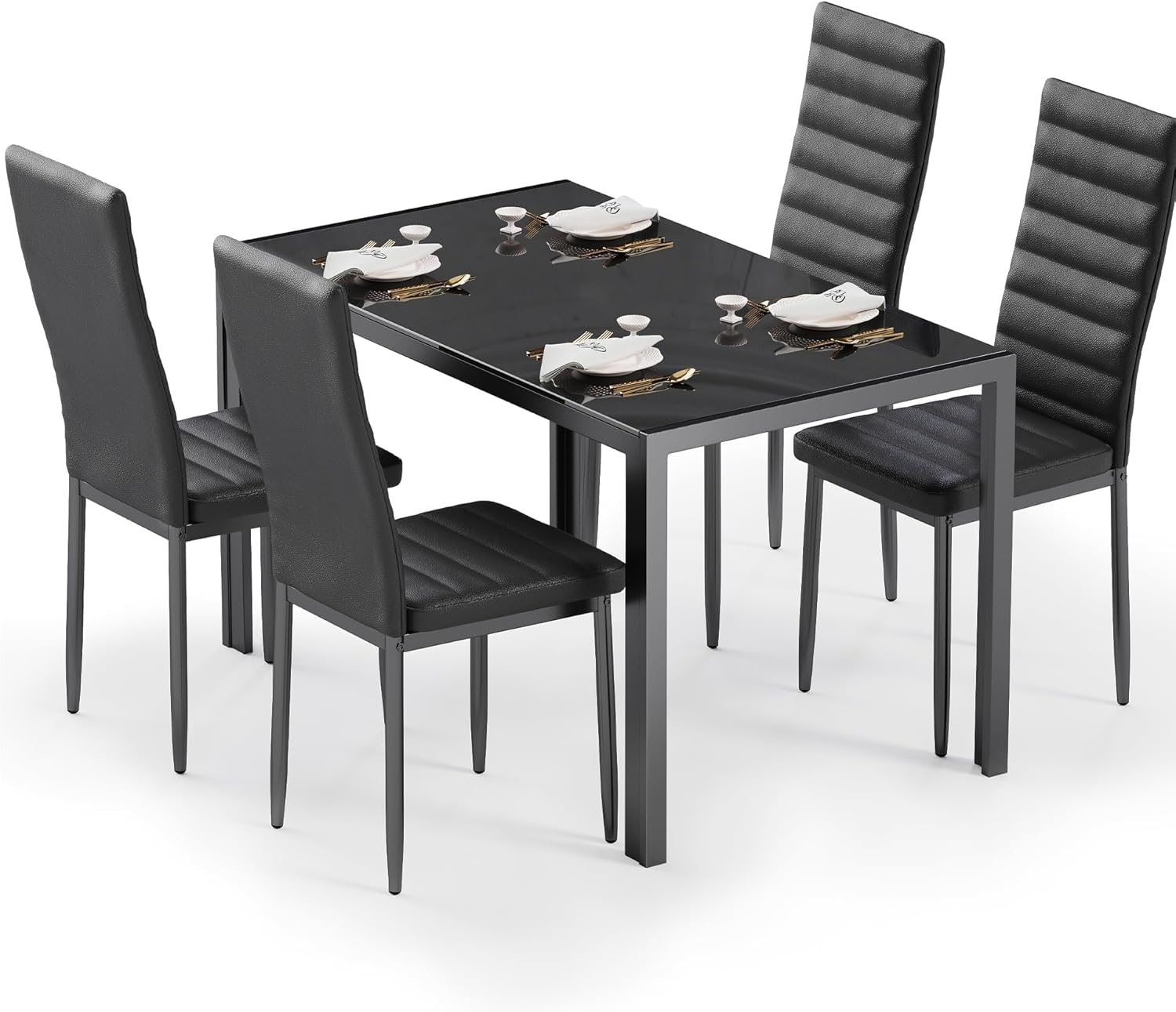 Bealife Kitchen Dining Table Set for 4, Tempered Glass 5 Piece Table and Chairs Set Modern for Home, Kitchen, Living Room, Dining Room (Black)