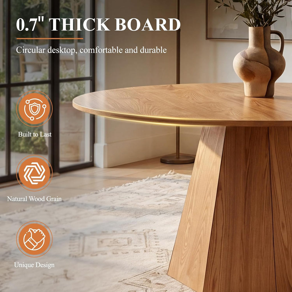 BESTANO 59' Round Dining Table for 4-6 People, Kitchen Dining Room Table with Wooden Pedestal Base, Circle Dinner Pedestal Dining Table for Dining Room (Table Only), Brown