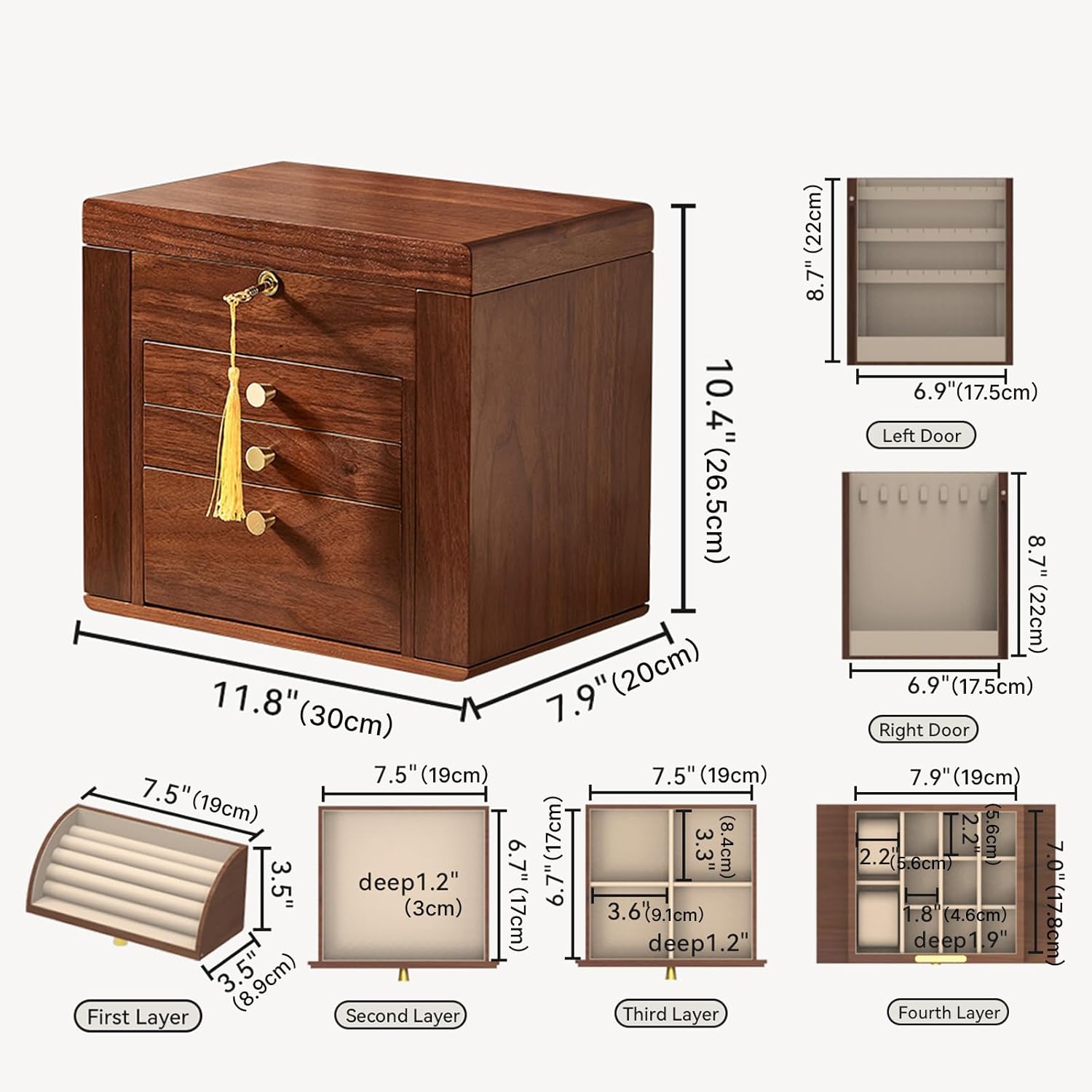 Black Walnut Wooden Jewelry Box, Wood Jewelry Organizer with 2 Side Doors Mirror Lockable Classical for Watch Necklace Ring Earring Ideal Gift-4 Layer with Curved Ring Grooves