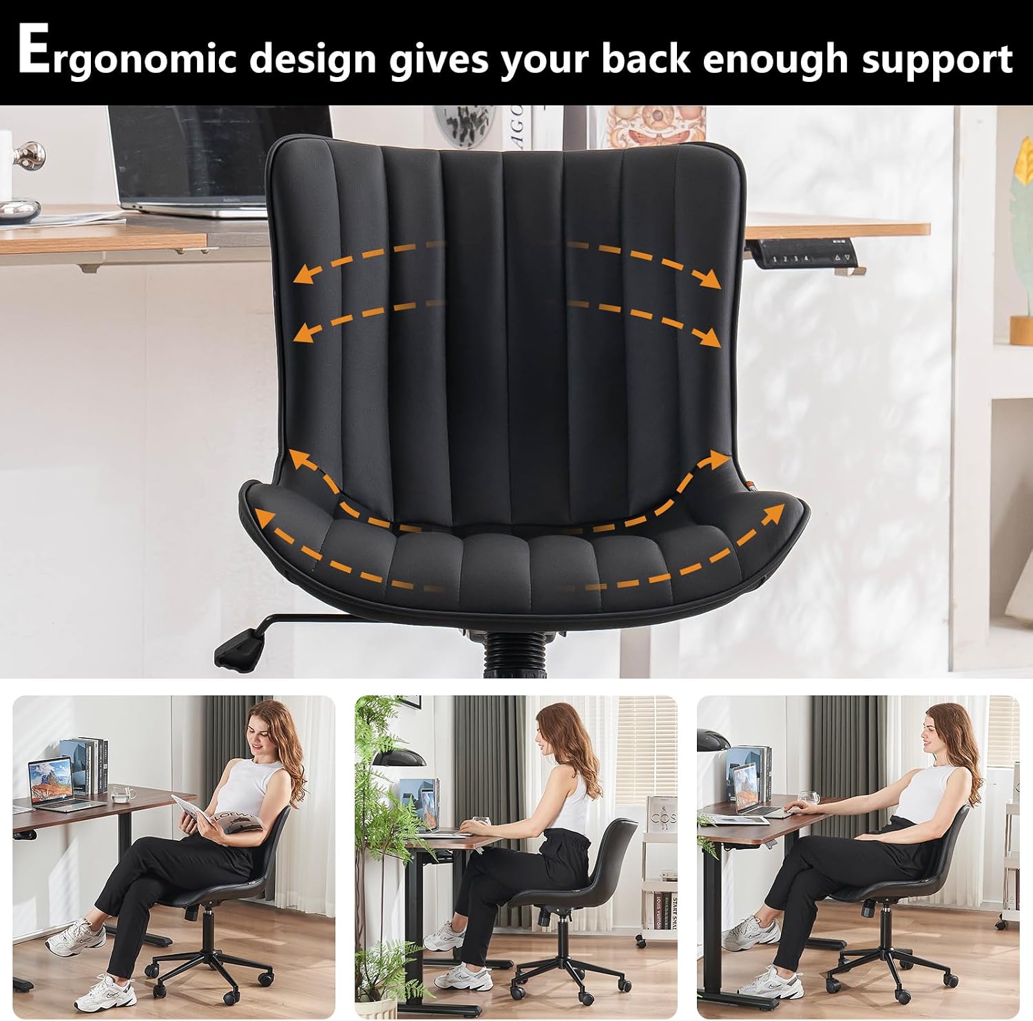 YOUNIKE Black Compact Home Office Desk Chair with Wheels Comfy Armless Cute Vanity Chair with Adjustable Rocking Back Modern Leather Upholstered Rolling Swivel Small Task Drafting Sewing Chair