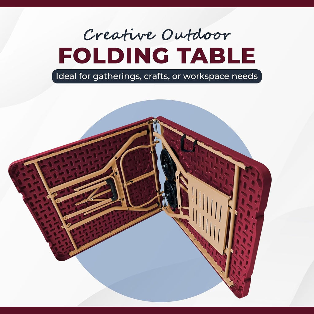 6Ft Rolling Folding Table with Built-in Wheels, Durable Plastic, Team Colors, Easy to Carry, Perfect for Camping, Picnic, Tailgating, Party, Indoor/Outdoor Use (Single Table, Dark Red & Dark Yellow)