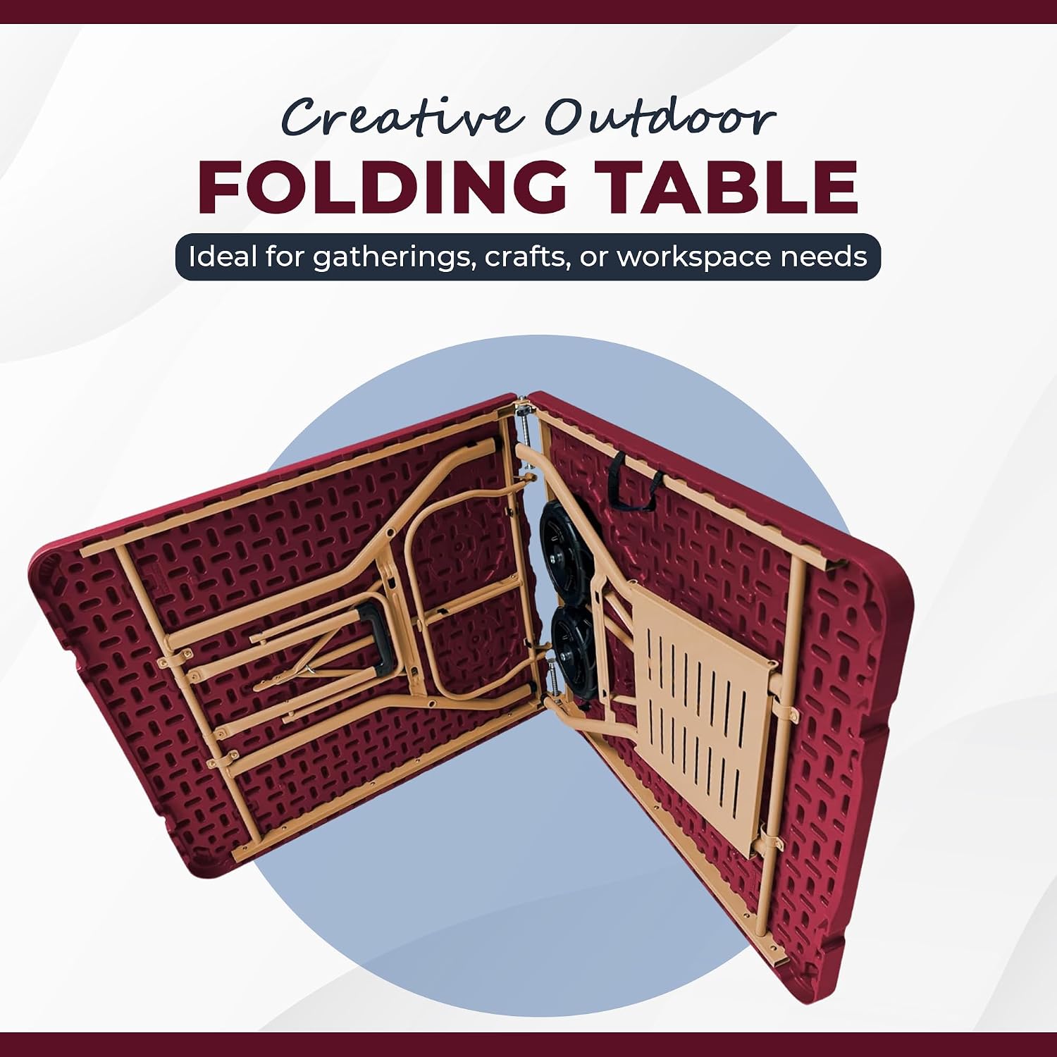 6Ft Rolling Folding Table with Built-in Wheels, Durable Plastic, Team Colors, Easy to Carry, Perfect for Camping, Picnic, Tailgating, Party, Indoor/Outdoor Use (Single Table, Dark Red & Dark Yellow)