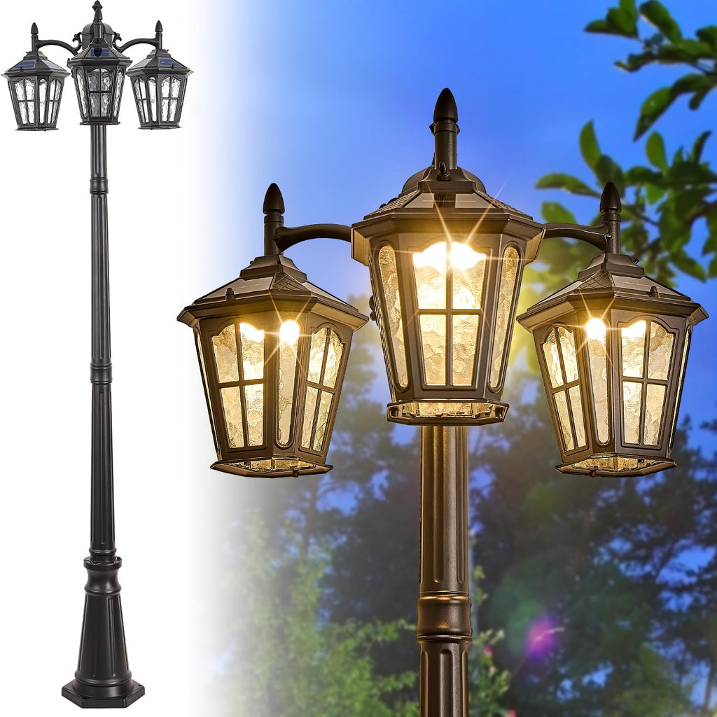 3-Head Solar Outdoor Street Light with Dusk to Dawn Sensor, Aluminum Exterior Pole Light with Water Ripple Glass, Classic Waterproof Black Solar Lamp Post Lights for Backyard, Garden, Driveway