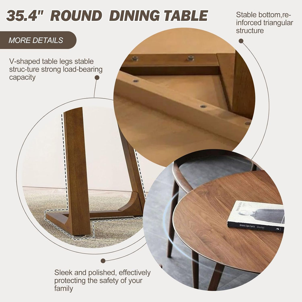 Walnut Round Dining Table for 4, 35.4' Small Wood Round Kitchen Table with Solid Wood Legs, Mid Century Modern Dining Room Tables for Home, Restaurant,Circle Coffee Table for Small Space