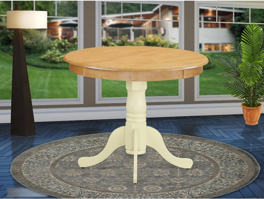 East West Furniture ANT-OMK-TP Antique Dining Table - a Round Wooden Table Top with Pedestal Base, 36x36 Inch, Oak & Buttermilk