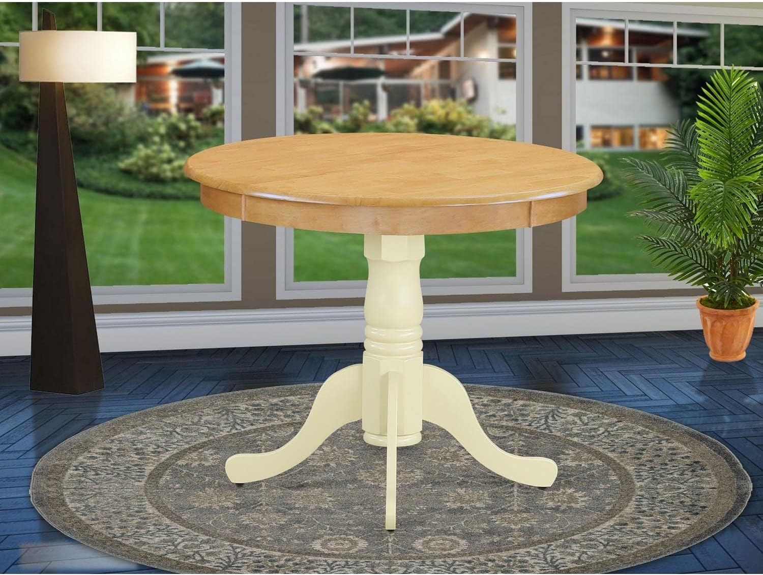 East West Furniture ANT-OMK-TP Antique Dining Table - a Round Wooden Table Top with Pedestal Base, 36x36 Inch, Oak & Buttermilk