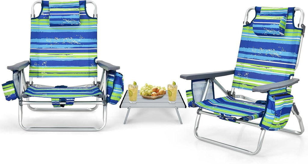 Tangkula Backpack Beach Chair with Table, 5-Position Lay Flat Beach Chairs with Cooler Bag, 2 Cup Holders, Towel Bar, Lightweight Low Folding Beach Chair with Backpack Straps
