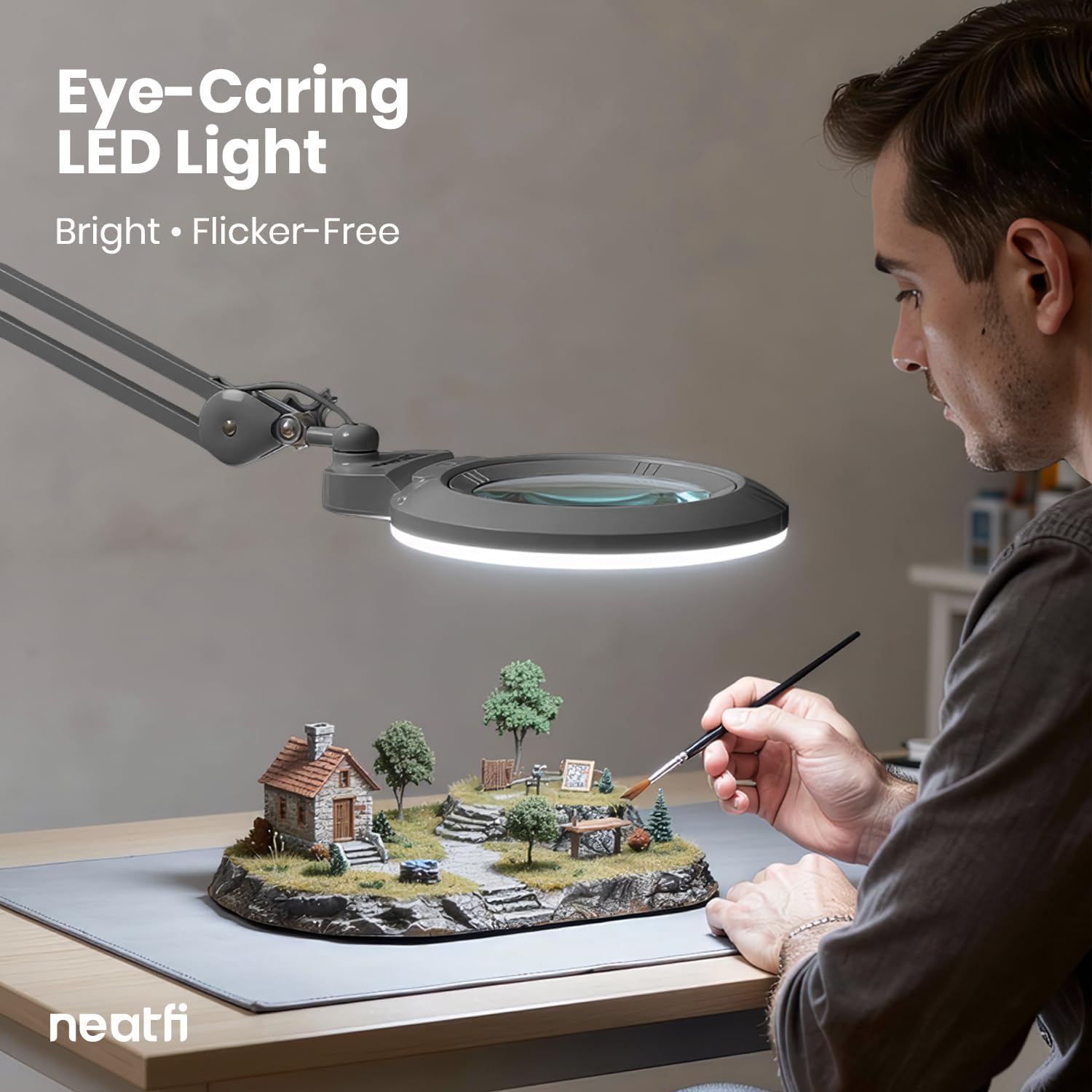 Neatfi XL Bifocal LED Magnifying Lamp, 7' Acrylic Lens, 2.25X/6X Magnification, 1,600 Lumens Dimmable | Hands-Free Close Work | Crafting, Jewelry & Reading (Silver, 7-inch Lens, Non-CCT with Clamp)