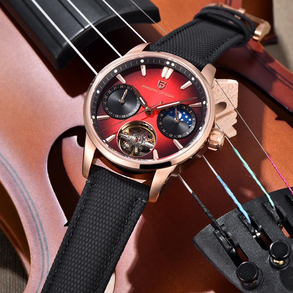Pagani Design Luxury Men's Automatic Watch Skeleton Tourbillon Moon Phase Stainless Steel 100m Waterproof Leather Strap Men's Mechanical Watch