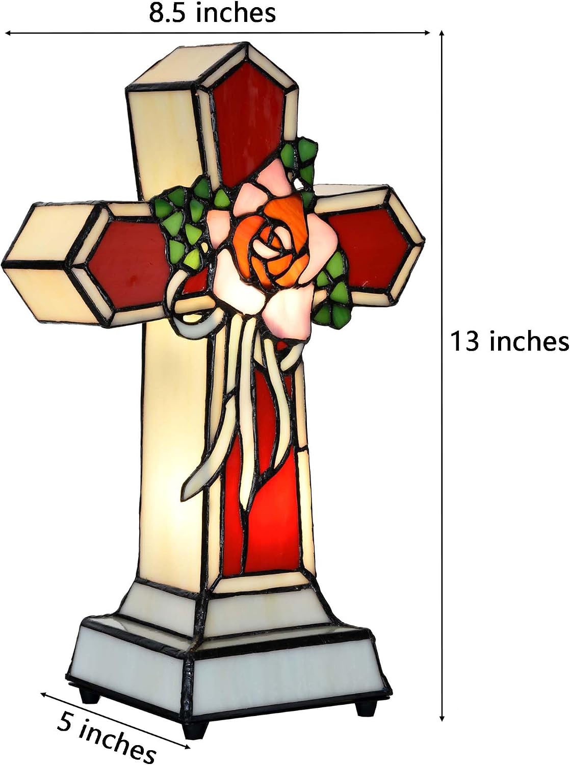 Bieye L10935 Christian Cross Tiffany Style Stained Glass Accent Table Lamp Night Light for Home Décor (Rose)