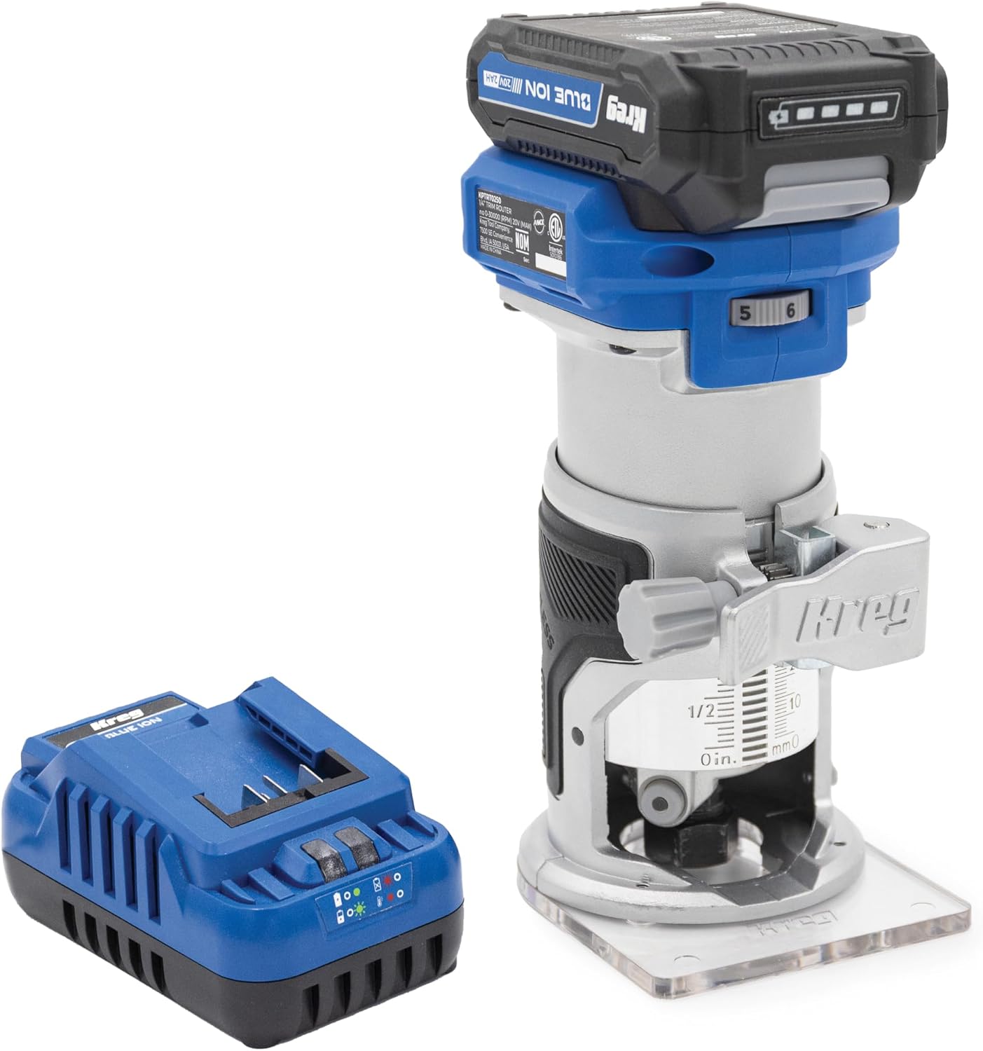 Kreg 20V Ionic Drive 1/4 Inch Trim Router, 20V Blue Ion Charger & Blue Ion 2Ah Battery Pack - Cordless Woodworking Tool - Micro-Adjustment Trim Tool - Dual LED Lights - KPTBRT025A