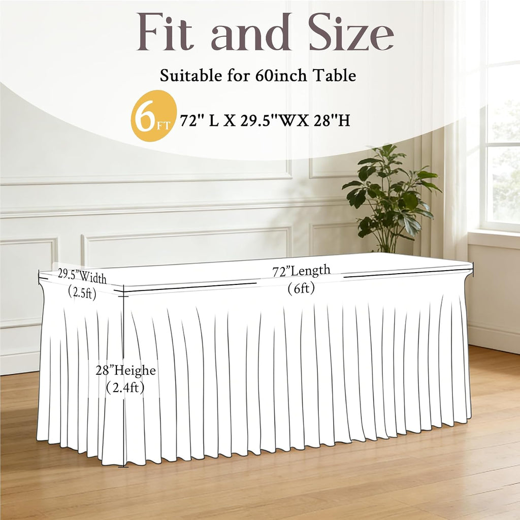 White Table Cloth for 6 Foot Rectangle Tables Fitted Stretch Spandex Table Cover with Skirt 6ft Baby Shower Birthday Party Banquet Ruffle Tablecloth Wedding Table Cloths Desk Skirt, 6 Pack