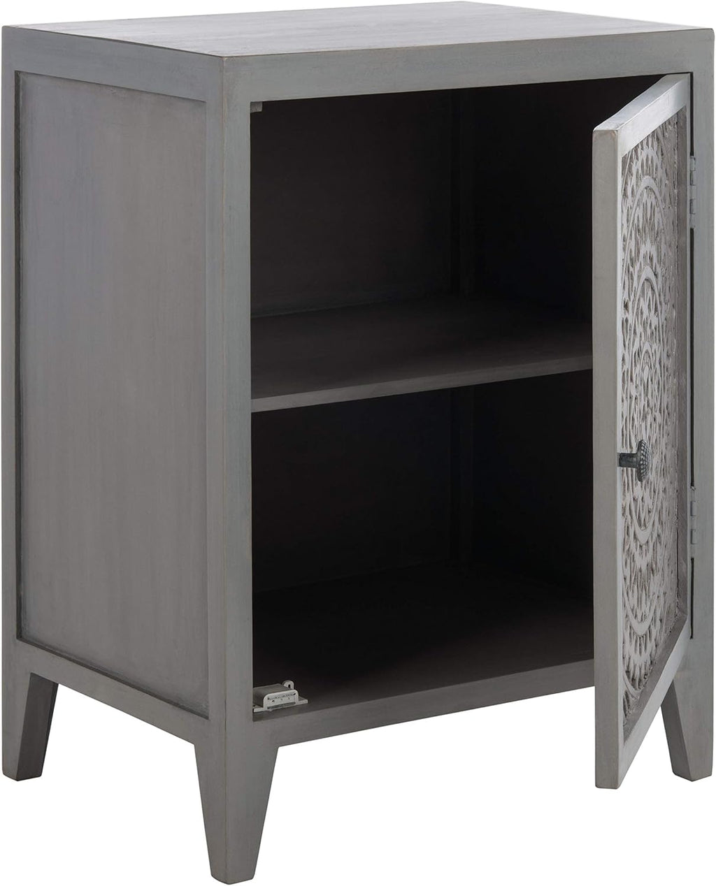 SAFAVIEH Furniture - Thea 1-Door Carved Nightstand - Grey Walnut - Mango Wood - Artisan Global Design - Ideal for Bedroom, 20'W x 14'D x 26'H - Fully Assembled (NST5300B)