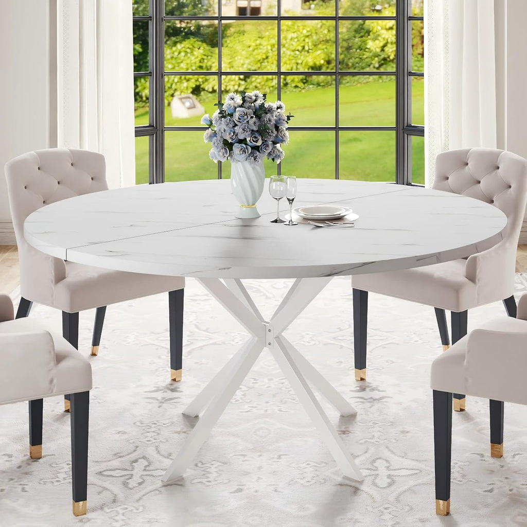 47.24' Round Dining Table for 4-6 Person, Round Kitchen Table with Wood Top, Circle Dinner Pedestal Tables with Metal Legs for Dining Room Kitchen (White Marble)