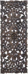 Large Carved Wood Floral Wall Panel. Tropical Asian Home Decor in Dark Brown Finish, Size 35.5'x13.5'