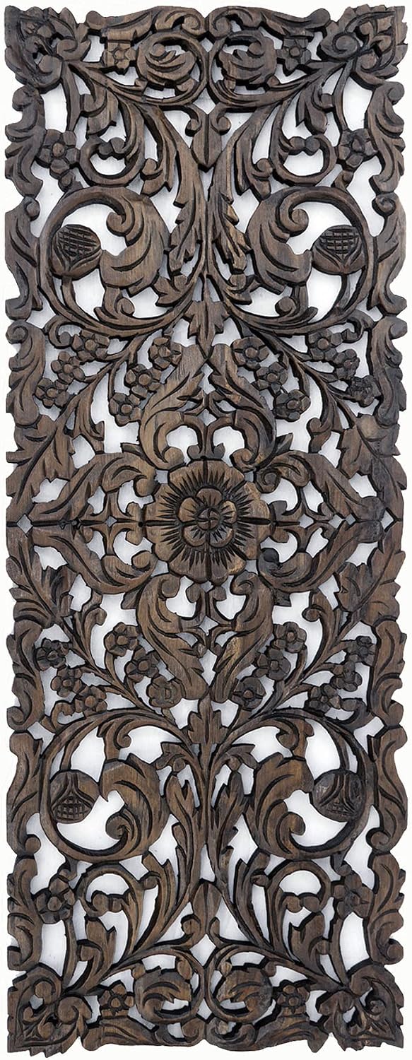 Large Carved Wood Floral Wall Panel. Tropical Asian Home Decor in Dark Brown Finish, Size 35.5'x13.5'