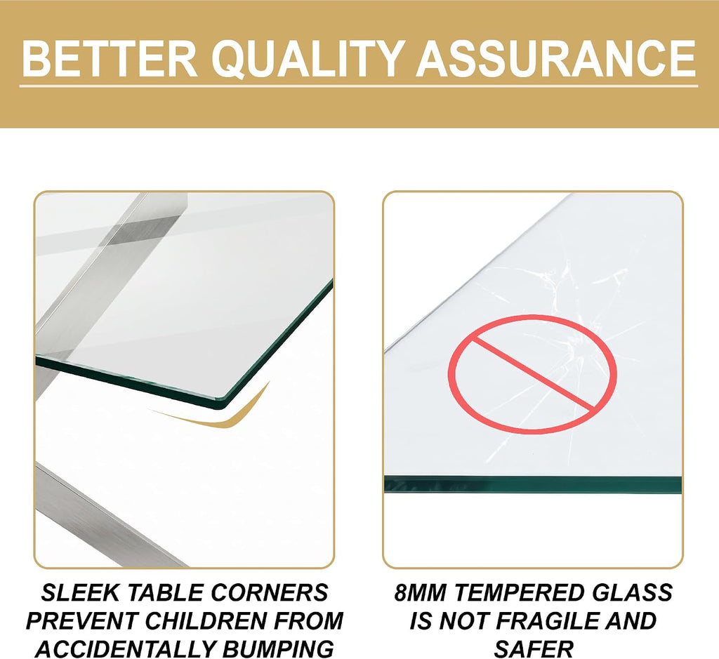 5 Piece Glass Dining Table Set for 4, Modern Tempered Glass Top Kitchen Table and Chairs Set, 4 Upholstered Chairs and Faux Leather Cushions, Space-Saving Small Apartment Dining Set