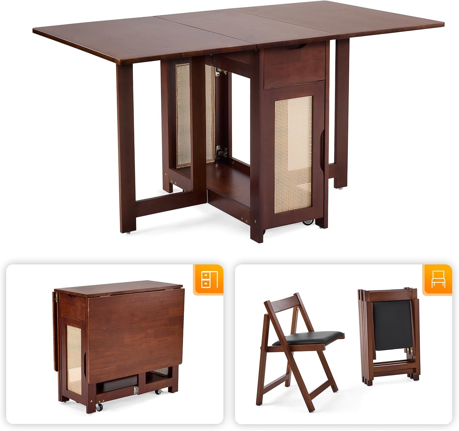VINGLI Folding Dining Table Set Extendable Drop Leaf Solid Wood Foldable Table 5 Piece with 4 Chairs 2 Drawers and Wheels for Kitchen Space Saving,Walnut
