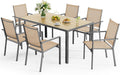 Ahomly Patio Table and Chairs Set for 6, Outdoor Dining Set Includes 59.5' Rectangle Patio Table with Side Umbrella Hole and 6 Textilene Fabric Patio Chairs for Backyard, Courtyard, Poolside, Brown