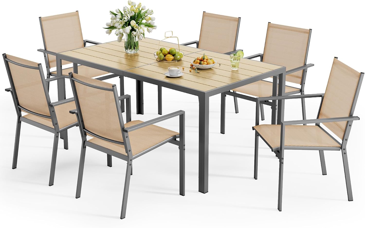 Ahomly Patio Table and Chairs Set for 6, Outdoor Dining Set Includes 59.5' Rectangle Patio Table with Side Umbrella Hole and 6 Textilene Fabric Patio Chairs for Backyard, Courtyard, Poolside, Brown