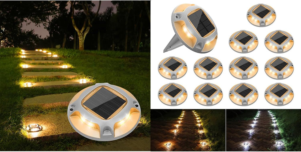 VOLISUN Solar Driveway Lights Dock Marine Lights 24 Pack,2 Colors in 1,Outdoor LED Deck Lights,Solar Powered Waterproof Warning Step Lights for Driveway Sidewalk Pathway (White/Warm White)