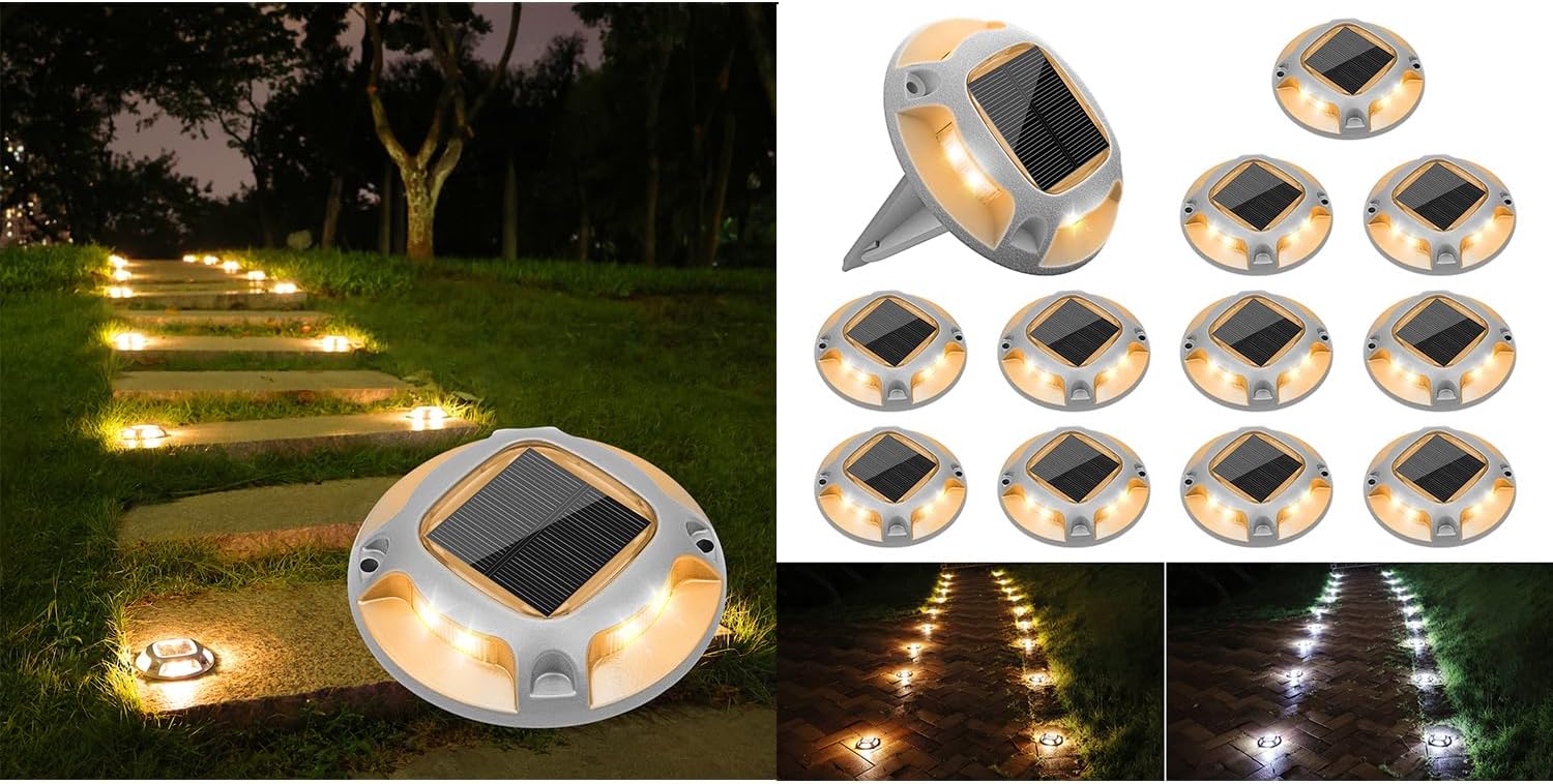 VOLISUN Solar Driveway Lights Dock Marine Lights 24 Pack,2 Colors in 1,Outdoor LED Deck Lights,Solar Powered Waterproof Warning Step Lights for Driveway Sidewalk Pathway (White/Warm White)