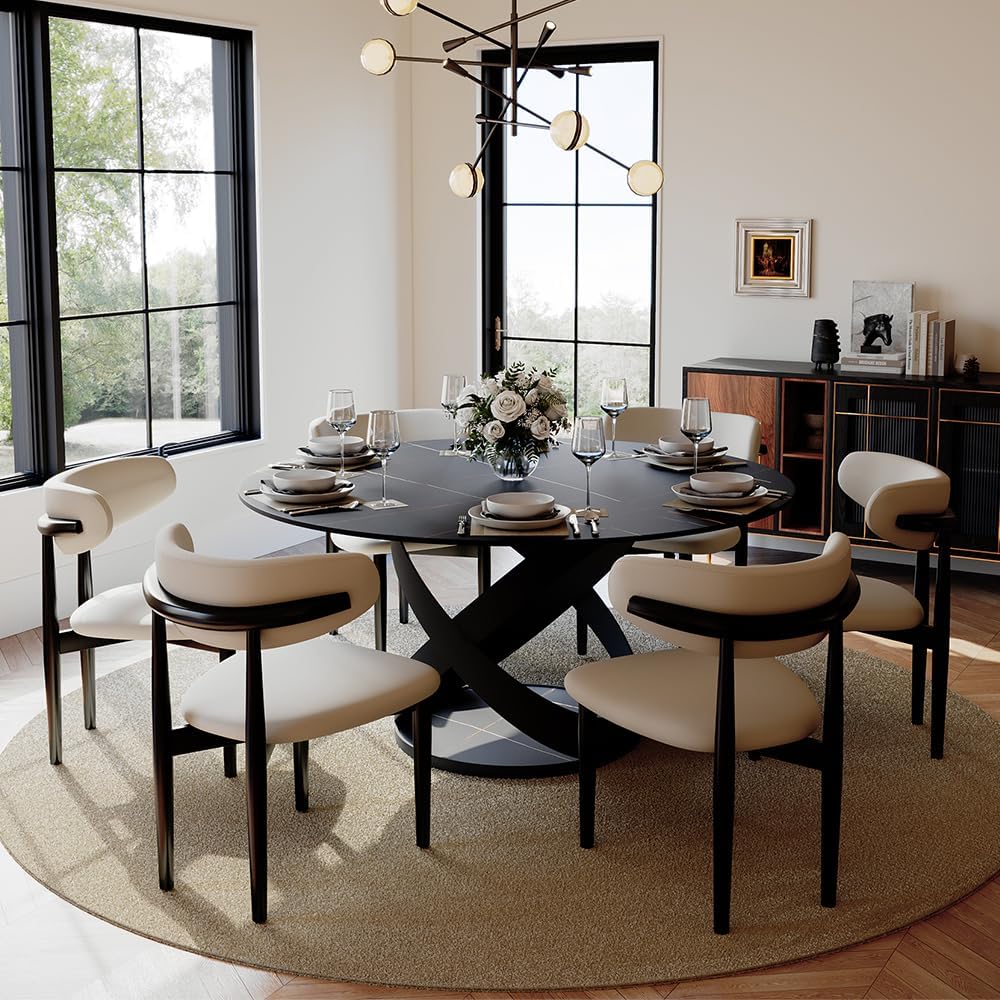 POVISON 60' Round Dining Table for 6, Modern Dining Room Table with Lazy Susan, Matte Black Sintered Stone Dining Tabletop with X-Shape Carbon Steel Base (Table Only)
